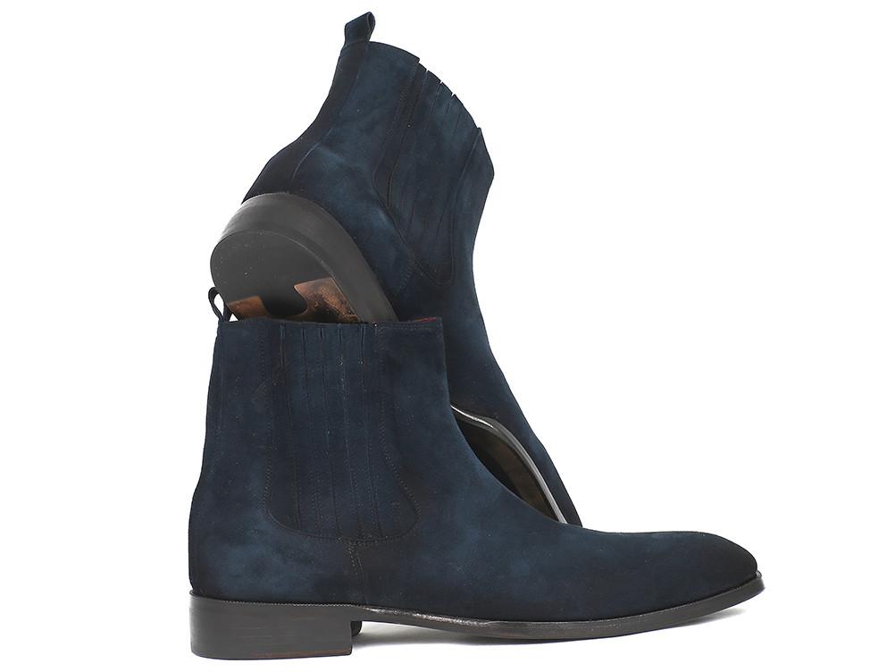 The Paul Parkman Navy Suede Chelsea Boots - SD875NVY are a pair of bespoke dark blue suede boots featuring vibrant red lining, black elastic side panels, and a low heel, all beautifully showcased on a white background.