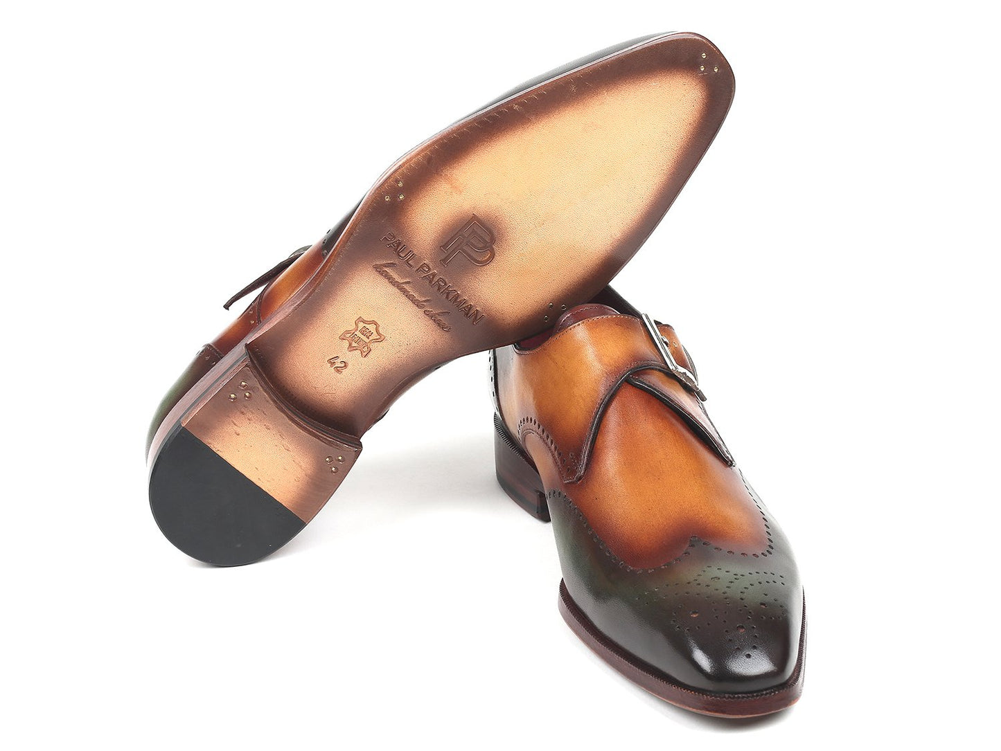 Paul Parkman's Single Monkstraps in Green & Camel - 944-GRN-CML showcase hand-painted leather in a distinctive color, accented with multicolored brogue detailing.