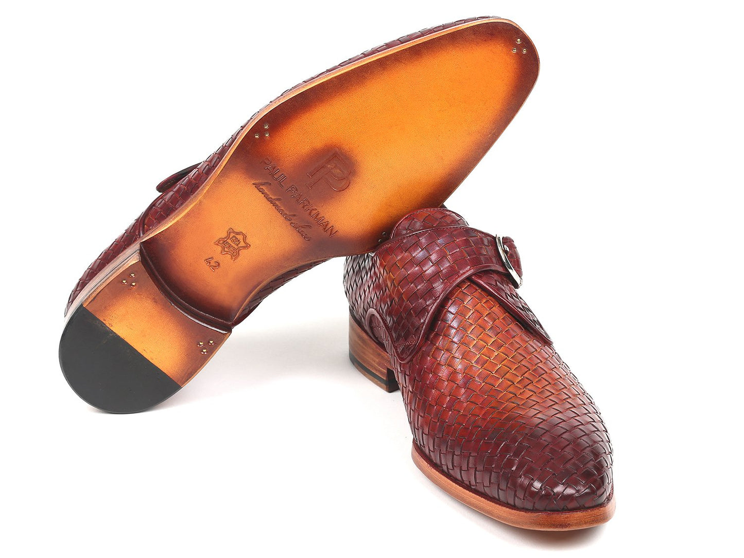 A pair of Paul Parkman Reddish Brown Woven Leather Single Monkstraps for men displayed on a white background.
