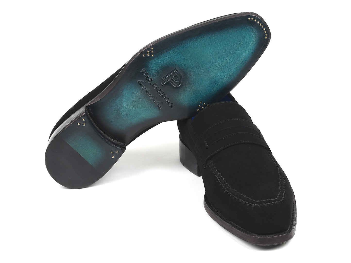 Introducing the Paul Parkman Black Suede Goodyear Welted Loafers - 38AX95: A sophisticated pair of loafers crafted from black suede, featuring blue interiors and a low heel. The intricate stitching details enhance their timeless elegance, while the Goodyear welt construction ensures long-lasting durability.