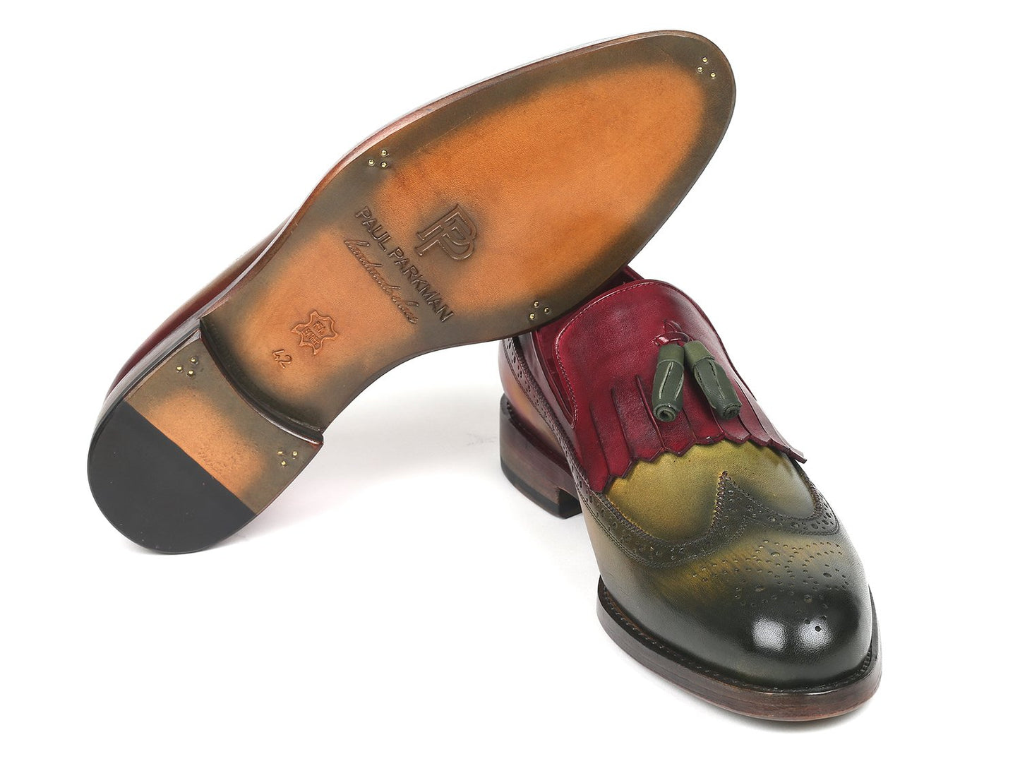 The Paul Parkman Kiltie Tassel Loafer in Green & Bordeaux (KT39RD) showcases a multicolored design with a gradient from green to red, featuring brogue detailing on the toe and crafted from hand-painted calfskin.