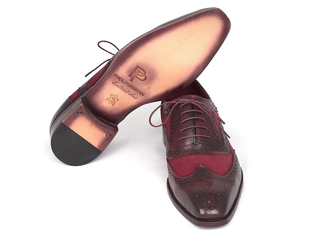 The Paul Parkman Suede & Calfskin Wingtip Oxfords Bordeaux - 228BRDSD shoes boast exquisite brogue detailing and classic laces, crafted in a rich burgundy leather and suede combination.