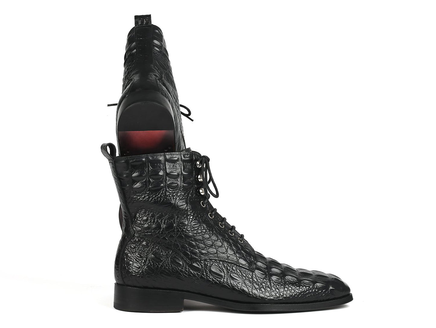 A pair of Paul Parkman Black Croco Embossed Leather Lace-Up Boots (BT744-BLK) with a slight heel is showcased against a white background; these made-to-order pieces exude sophistication.