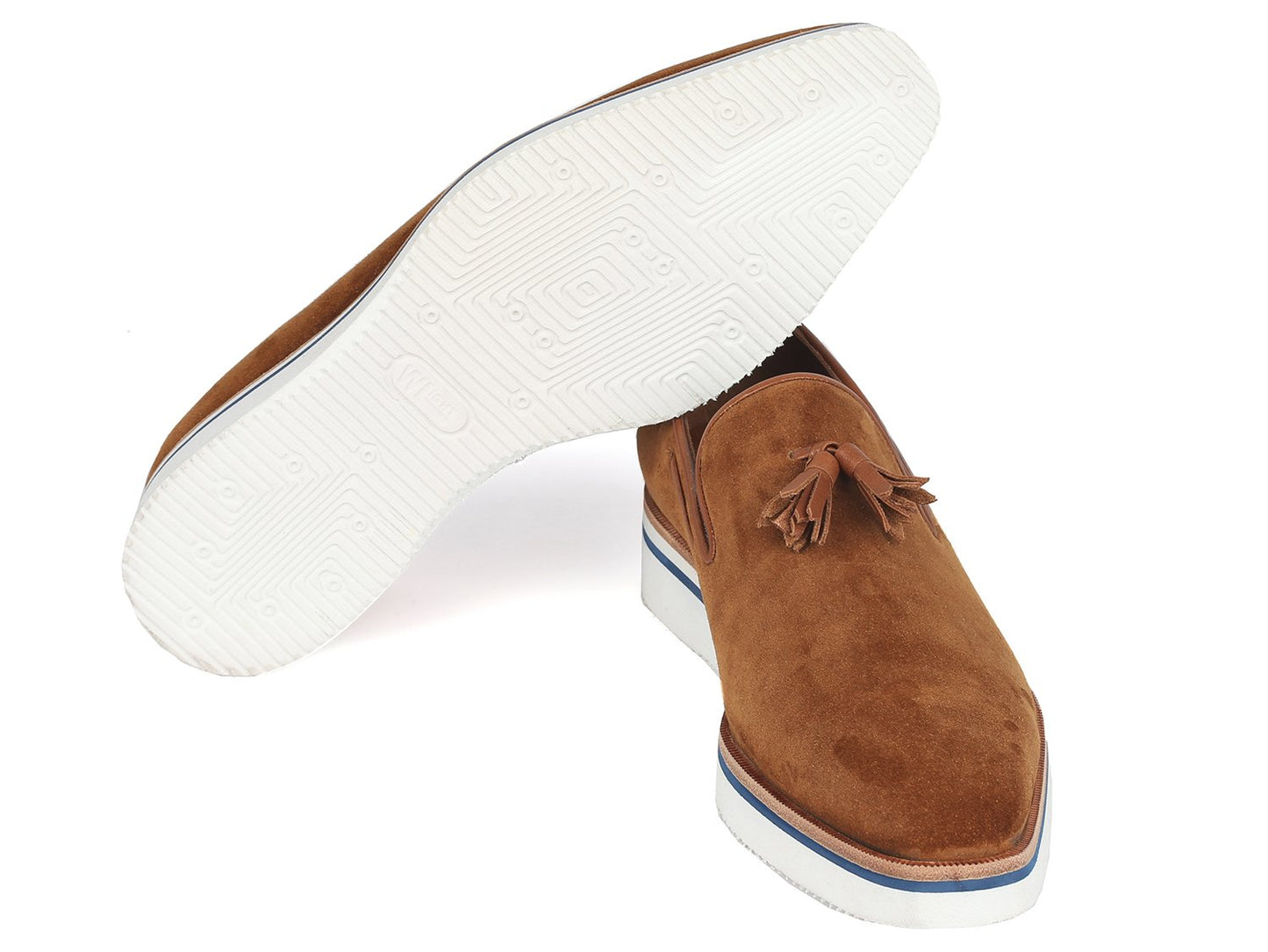 Introducing the Paul Parkman Smart Casual Tassel Loafers in Camel Suede (181-CML-SD). These loafers feature a brown suede upper with stylish tassels and durable white rubber soles, complemented by an elegant blue accent stripe along the edges. They are perfect for any smart casual occasion.