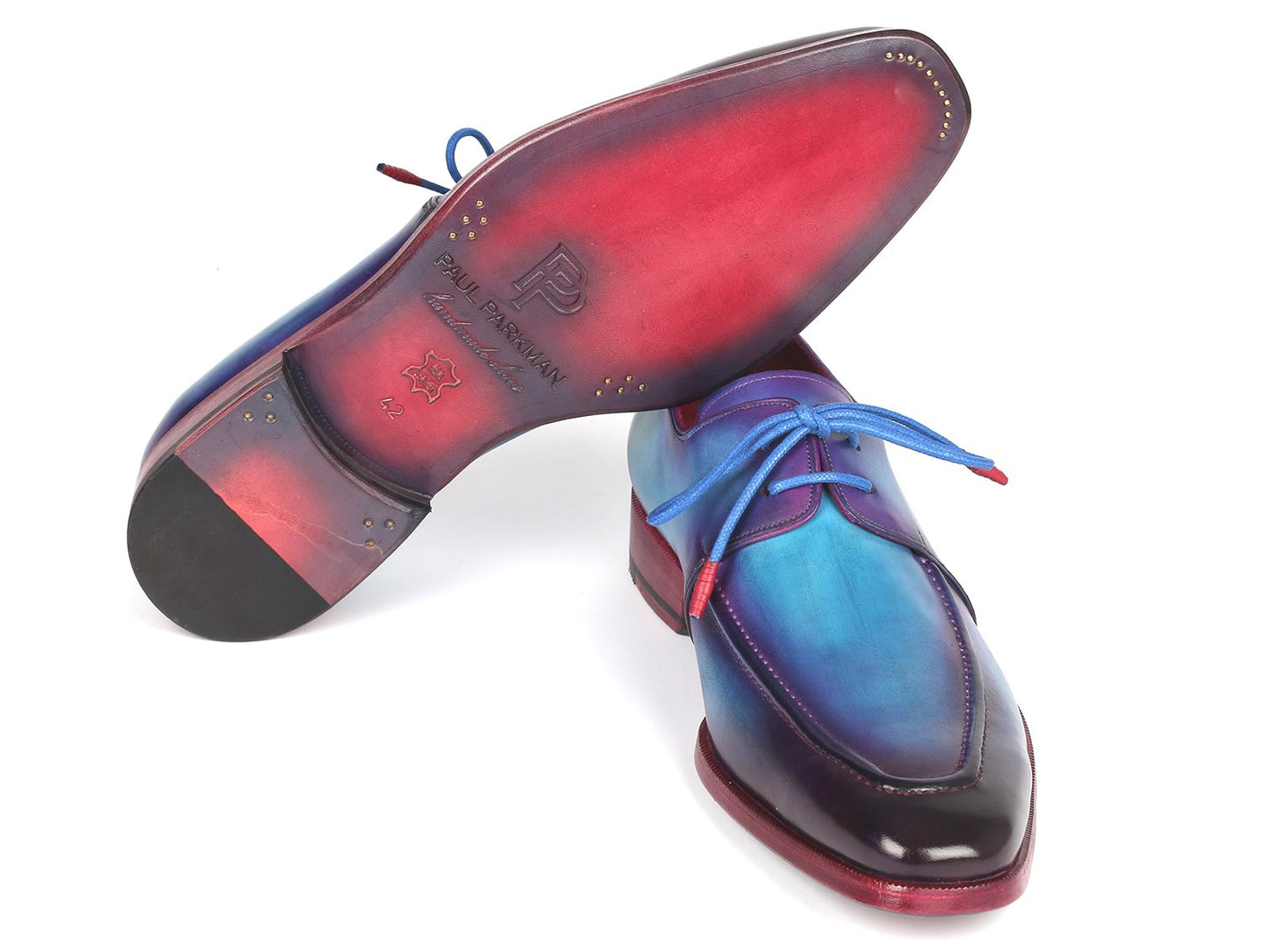 Paul Parkman Turquoise & Purple Apron Derby Shoes - 23SX84 feature hand-painted turquoise and purple hues with a Bordeaux burnished leather finish, made from calfskin uppers, complemented by red soles and matching blue laces.