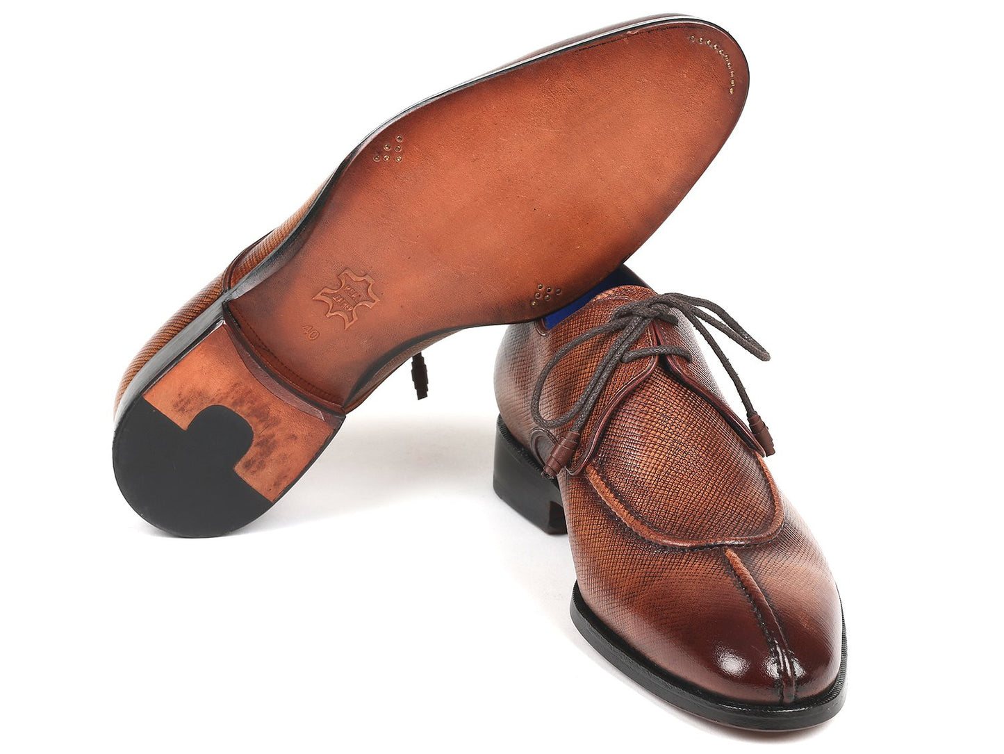 Paul Parkman Split Toe Brown Derby Shoes - 8871BRW, made by Paul Parkman, feature a textured pattern with laces and are displayed in a cross position on a white background. These shoes highlight exquisite craftsmanship and attention to detail.