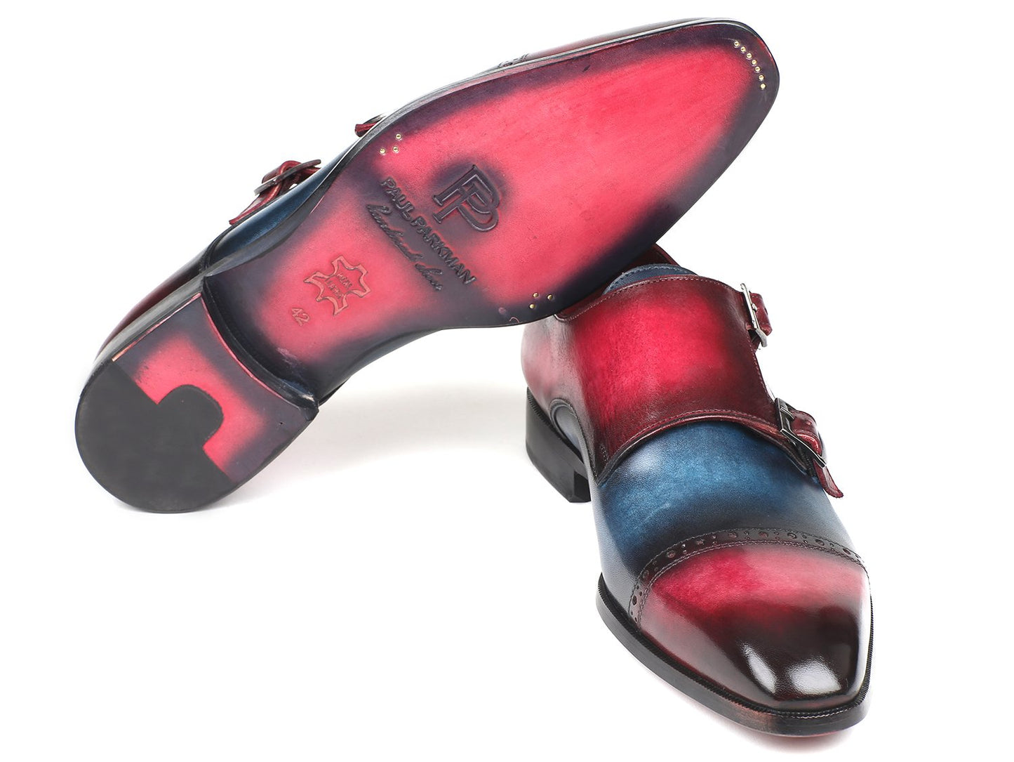 A pair of Paul Parkman Captoe Double Monkstraps in a hand-painted leather design showcasing a blue and fuchsia gradient.