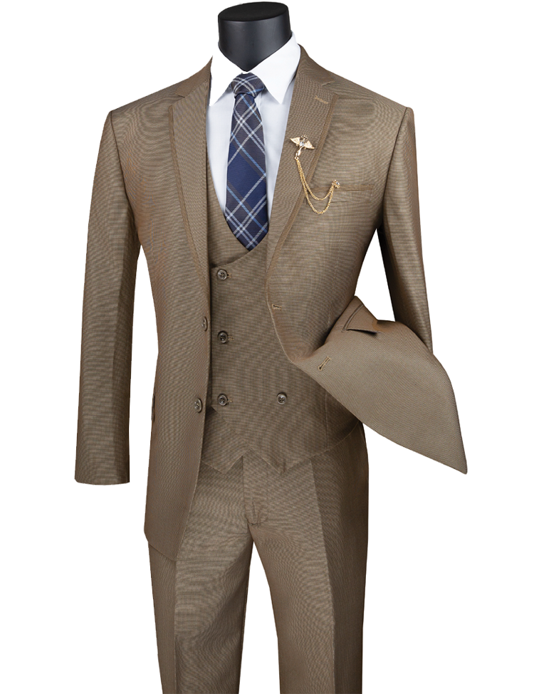 A mannequin displays the Vinci Suits Modern Fit 3 Piece Suit Birdseye Pattern with Contrast Trim (Khaki), paired with a blue plaid tie and holding a beige hat under its left arm, adding charm to the ensemble.