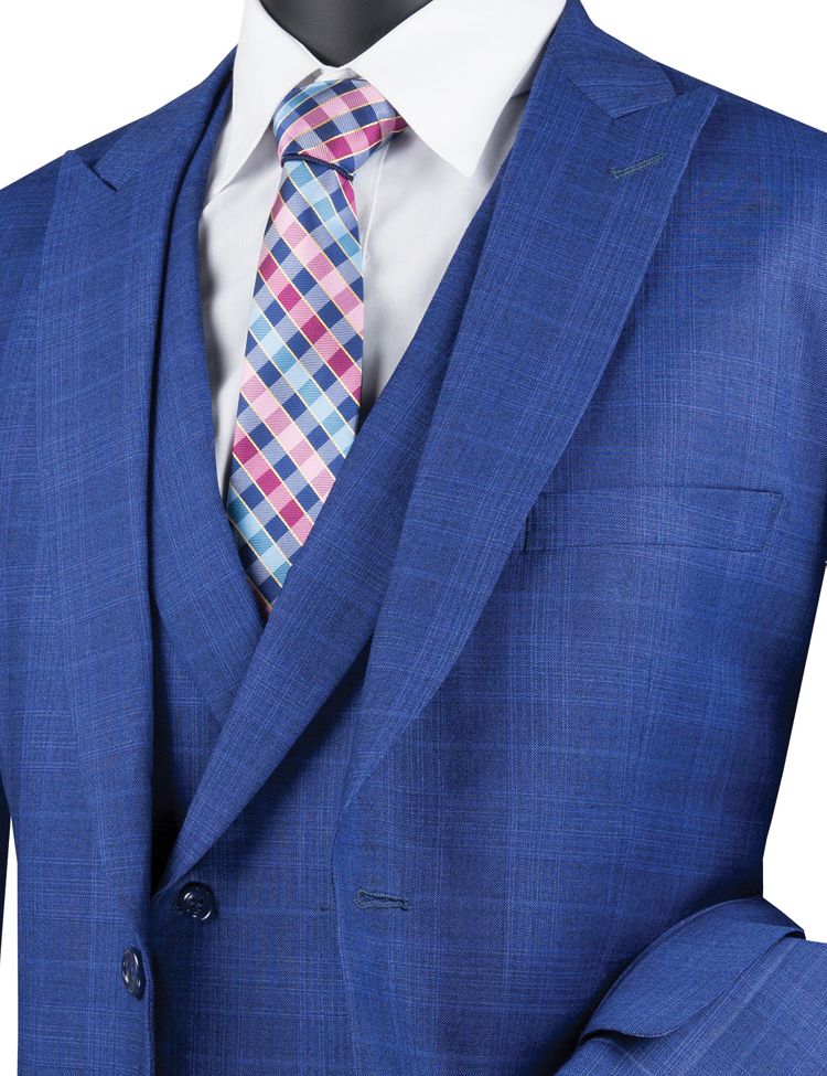The Vinci Suits Modern Fit Glen Plaid 2 Button Peak Lapel 3 Piece Suit in blue, paired with a crisp white shirt and checkered tie, perfectly epitomizes style.