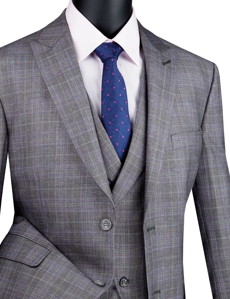 The Vinci Suits Modern Fit Glen Plaid 2 Button Peak Lapel 3 Piece Suit (Gray) MV2W-1 is paired with a crisp white shirt and navy tie with pink dots.