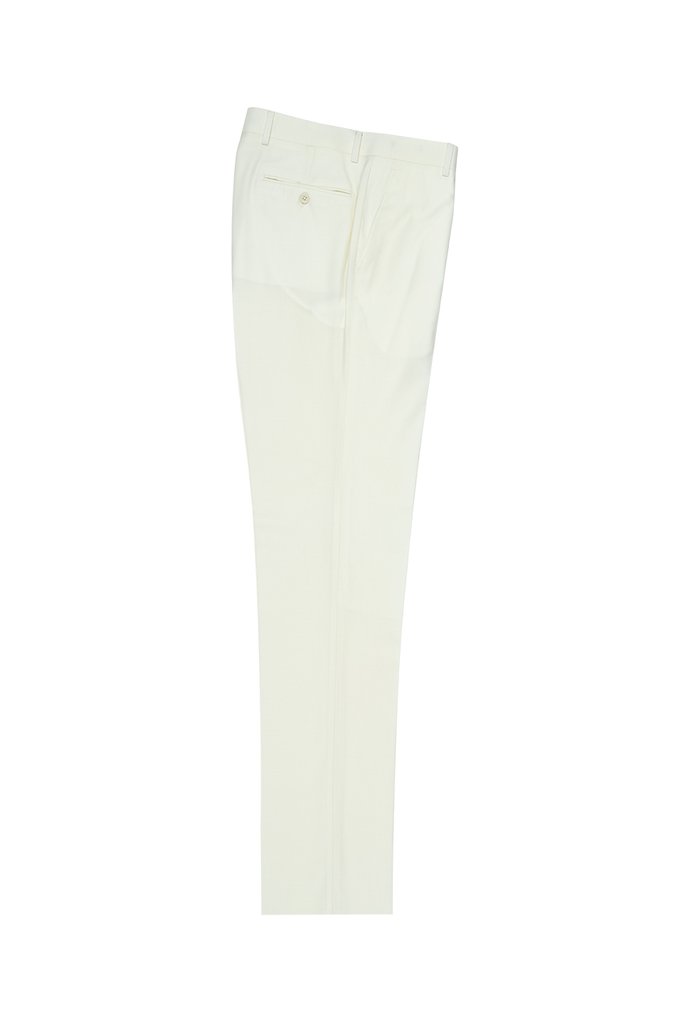 Tiglio Luxe Off-White Flat Front Dress Pants, crafted from pure wool, are elegantly displayed on a white background. Featuring an Italian-designed modern fit, they seamlessly blend sophistication with contemporary style.