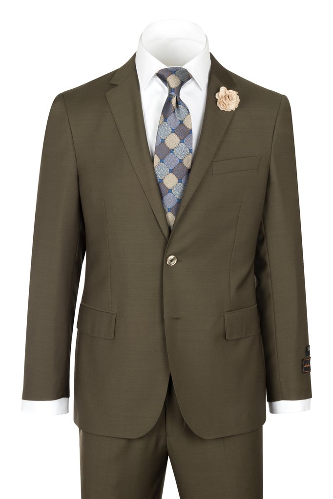 A mannequin displays the Tiglio Luxe Novello Olive Suit from Tiglio, featuring a European fit and accompanied by a white shirt, patterned tie, and a beige floral lapel pin.