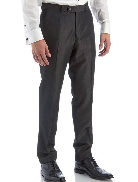 A person in a white dress shirt, Vinci Suits Regular Leg Pleated Pre-Hemmed With Cuffs Dress Pants (Charcoal) OP-900, and black dress shoes stands against a plain background.