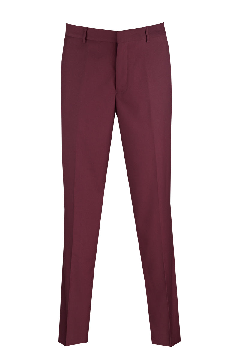 The Slim Fit Flat Front Pre-Hemmed Dress Pants (Burgundy) OS-900 by Vinci Suits, made from a poly rayon blend for wrinkle resistance, feature an elegant drape against a white background.