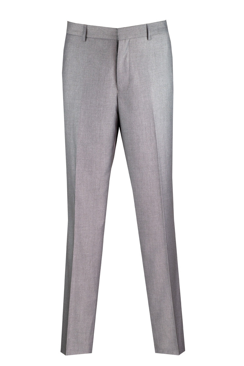Vinci Suits' light gray OS-900 features slim fit, wrinkle-resistant dress pants with a flat front and belt loops, crafted from a smooth poly-rayon blend, set against a white background.