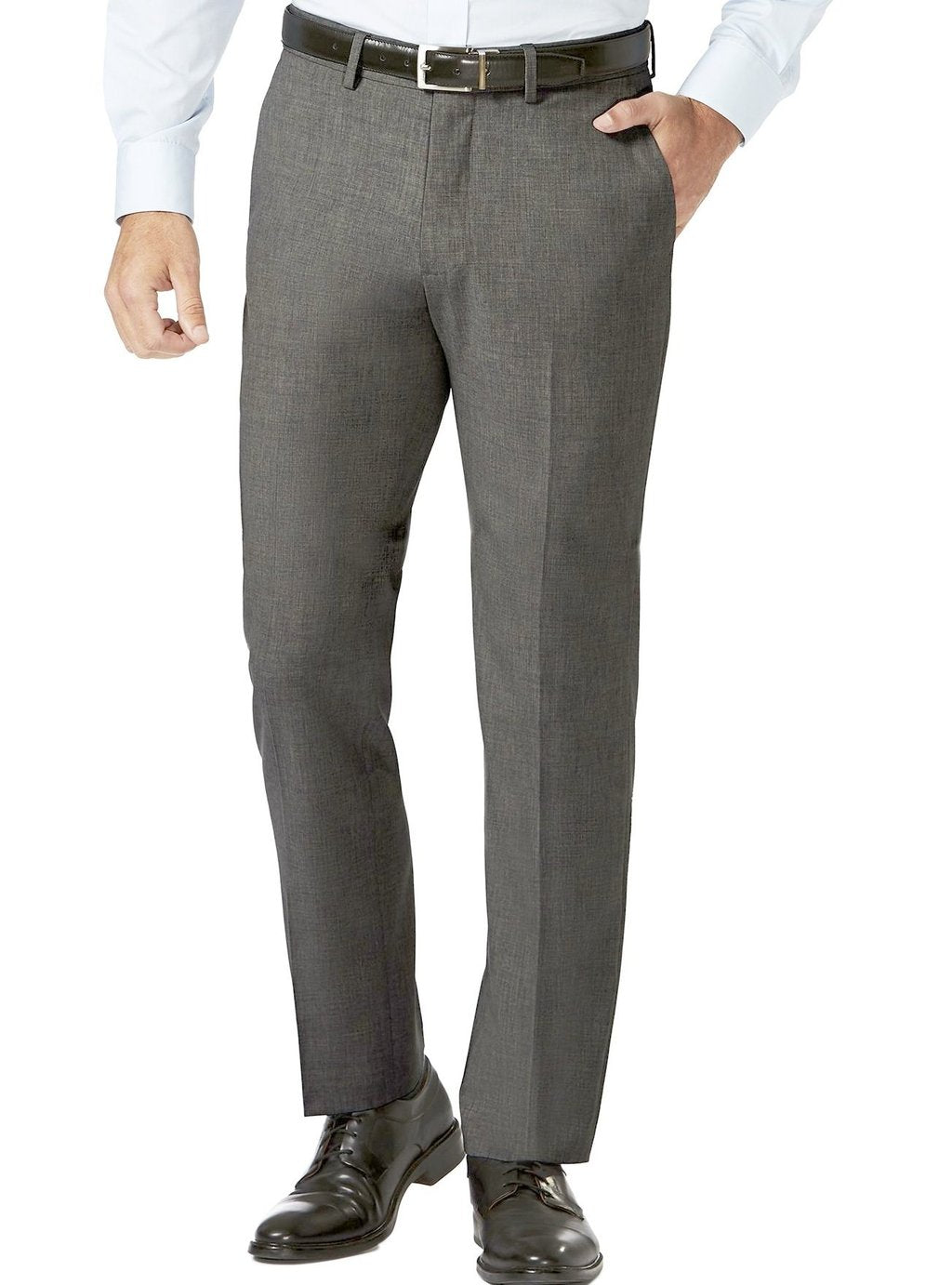 A person modeling Vinci Suits' Slim Fit Flat Front Pre-Hemmed Dress Pants (Gray) OS-900, paired with a crisp white shirt, a sleek black belt, and matching black shoes. Only the lower body is visible.