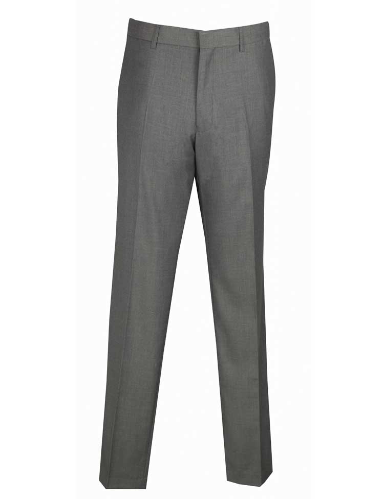 Ultra Slim Fit Flat Front Pre-Hemmed Dress Pants (Gray) OUS-900 by Vinci Suits are highlighted against a white backdrop, emphasizing their modern design and wrinkle-resistant fabric.
