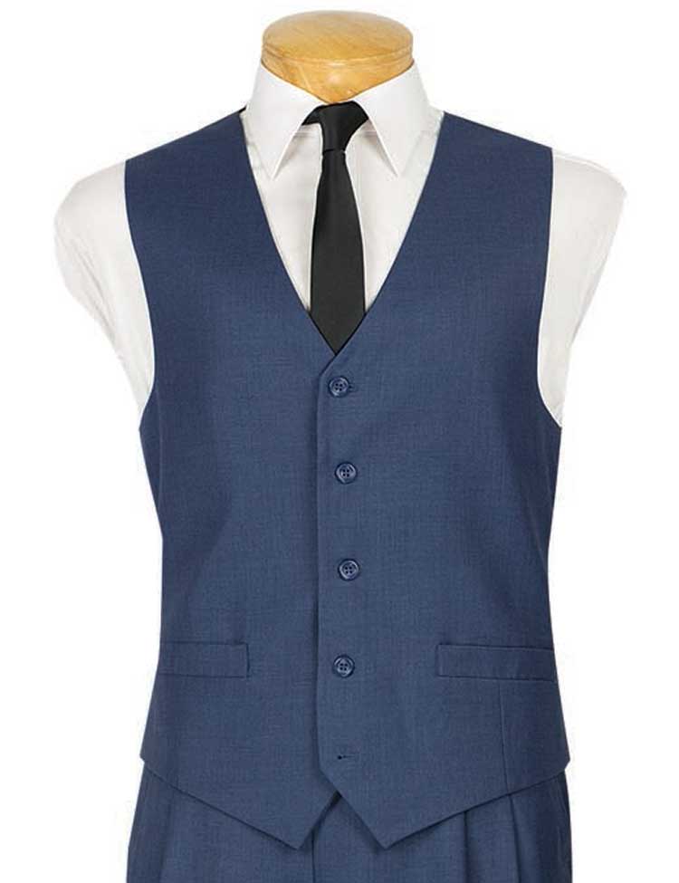 A mannequin displays Vinci Suits' OV-900 ensemble: a slim fit, single-breasted blue vest with pants, complemented by a crisp white shirt and classic black tie, exuding timeless elegance.