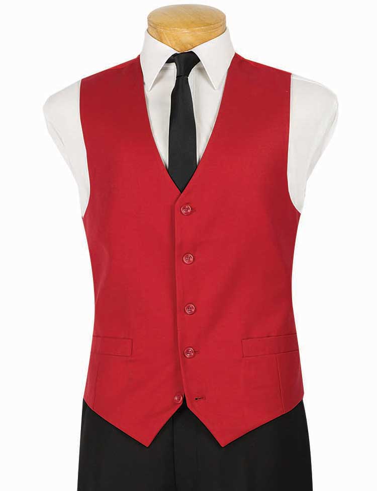 The mannequin torso showcases the Vinci Suits Slim Fit Single Breasted 5 Button Vest (Red) OV-900 styled with a white shirt, black tie, and black pants against a pristine white background.