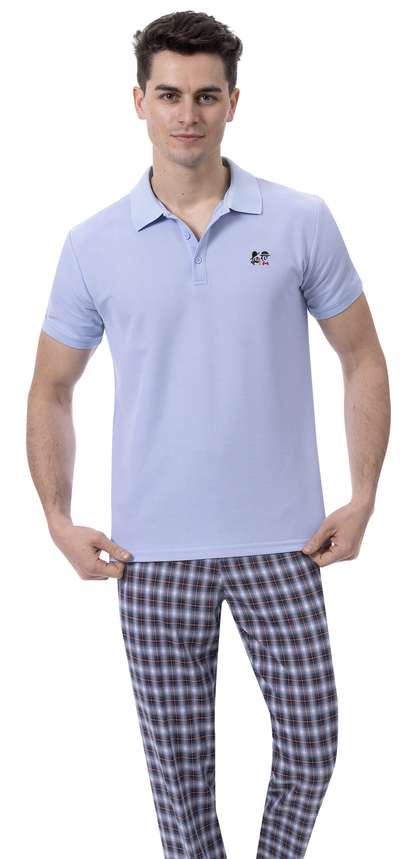 A person wearing an EJ SAMUEL light blue polo shirt and modern fit EJ Samuel Blue Plaid Pants PL138 stands against a plain background.