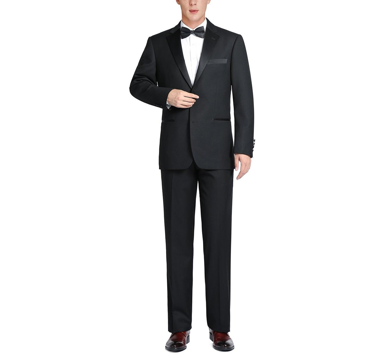 The Alessandro Vitello by Renoir Satin Classic Fit Notched Lapel 2-Piece Tuxedo Suit RI201-1, featuring a black jacket in a classic fit made from a polyester viscose blend, is paired with matching trousers and showcased against a white background.
