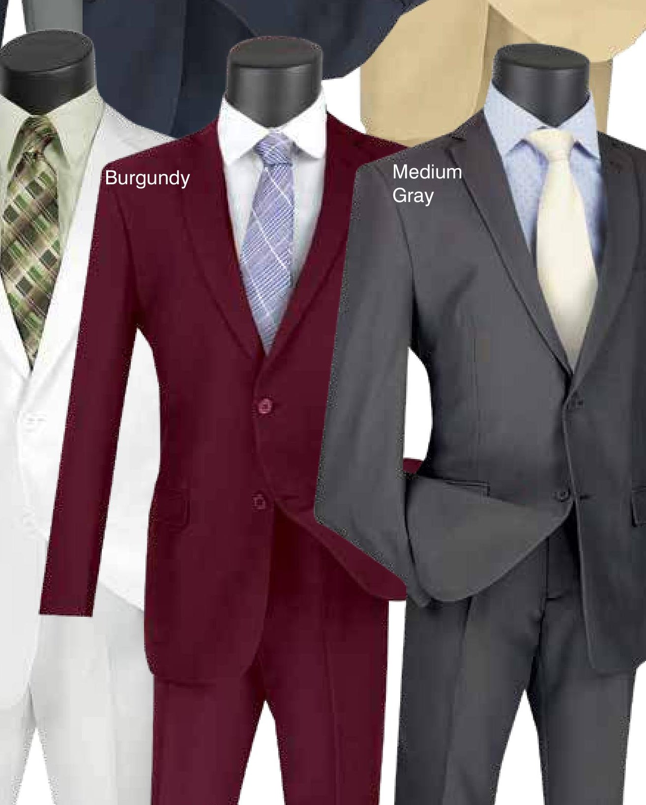 Displayed on a mannequin, the Vinci Suits Slim Fit 2 Piece Medium Gray business suit S-2PP features a two-button blazer, striped tie, matching pocket square, and a white shirt with thin stripes to complete the look.