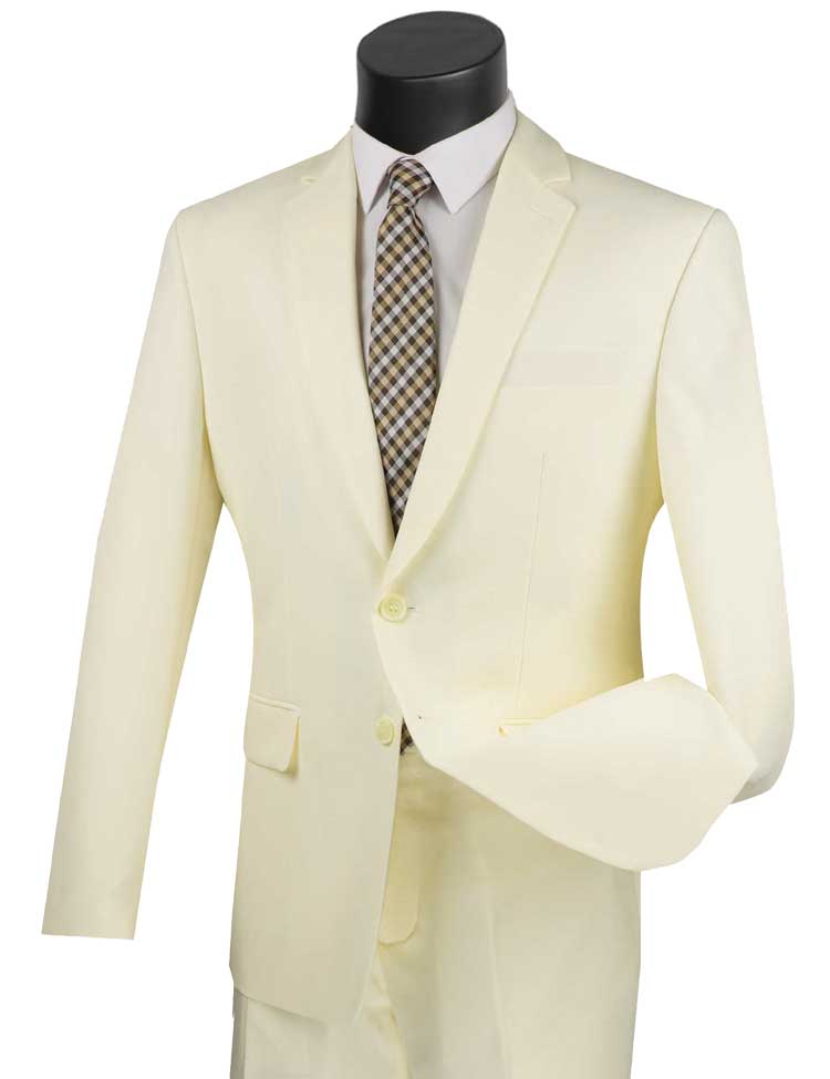 An ivory slim fit business suit by Vinci Suits on display highlights a checkered tie and crisp white shirt, providing a modern take on the classic suit.