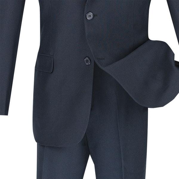 The Vinci Suits Slim Fit 2 Piece 2 Button Business Suit (Navy) S-2PP is elegantly showcased on a mannequin torso with a white shirt and blue tie, set against a plain background to highlight its sleek design.