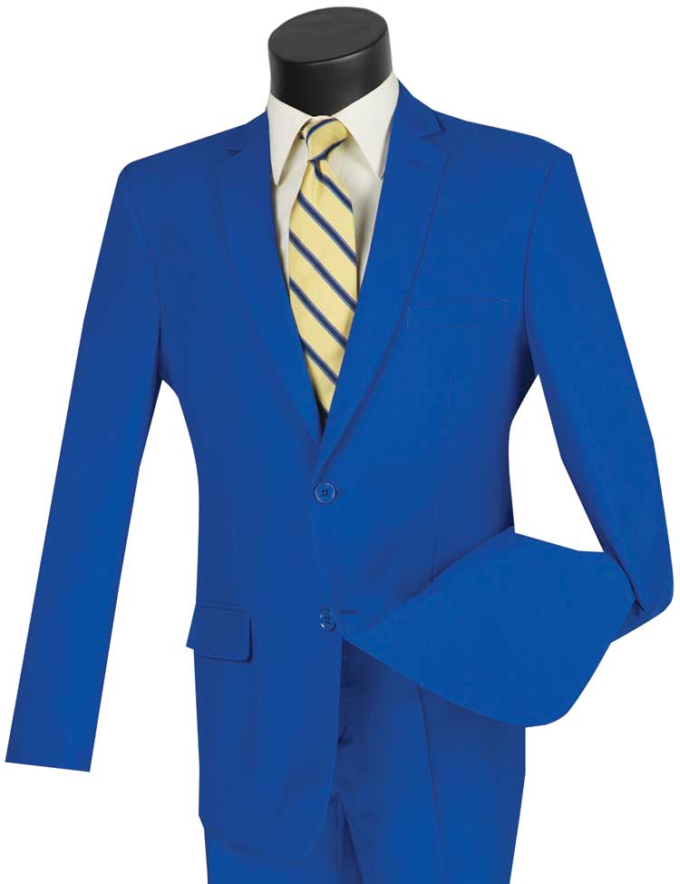 A Vinci Suits mannequin displays the Slim Fit 2 Piece 2 Button Business Suit (Royal) S-2PP, paired with a yellow shirt and a blue diagonal striped tie, creating an eye-catching and sophisticated ensemble.