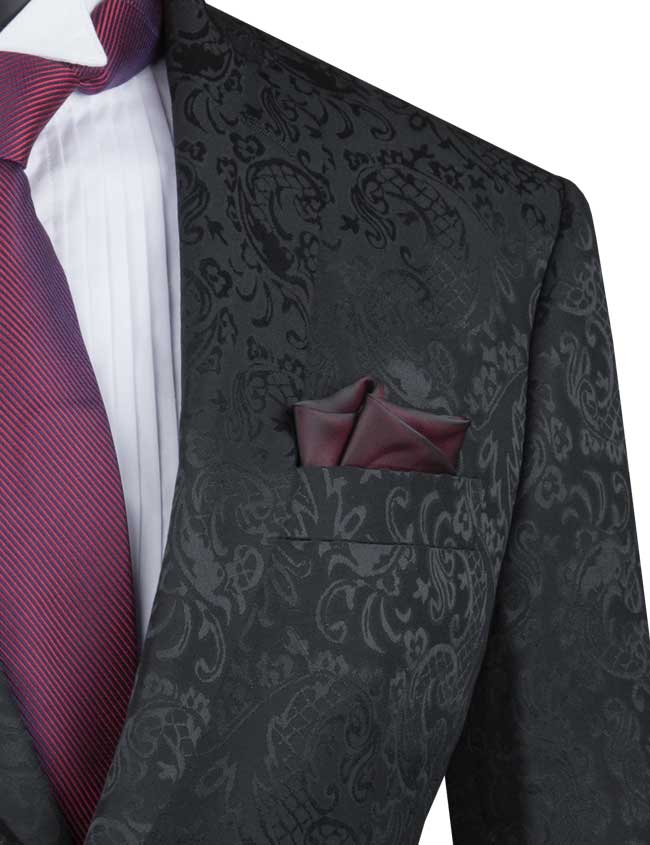 A black mannequin models the Vinci Suits Slim Fit 2 Piece Single Breasted Suit (Black) S2F-1, featuring a dark floral-patterned jacket with a luxurious wool feel, paired with a crisp white shirt and burgundy tie.