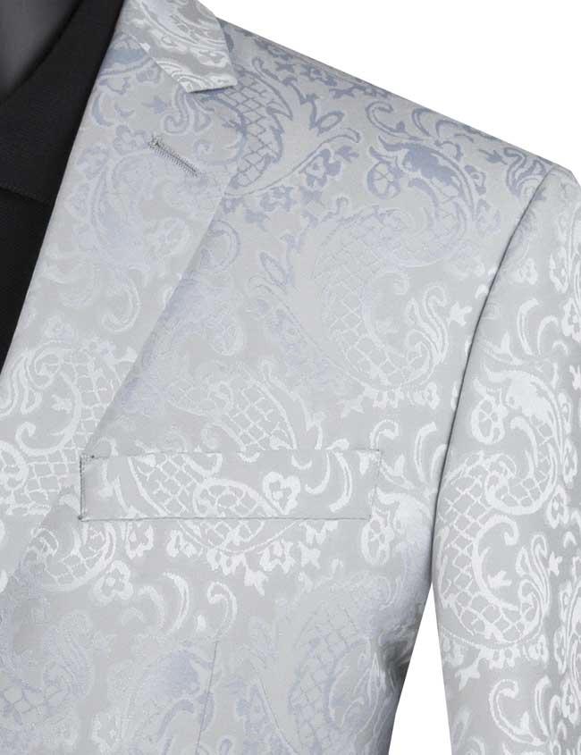 The mannequin showcases the Vinci Suits Slim Fit 2 Piece Single Breasted Suit (Silver) S2F-1, elegantly draping a silver paisley-patterned jacket with a luxurious wool feel over a black shirt.