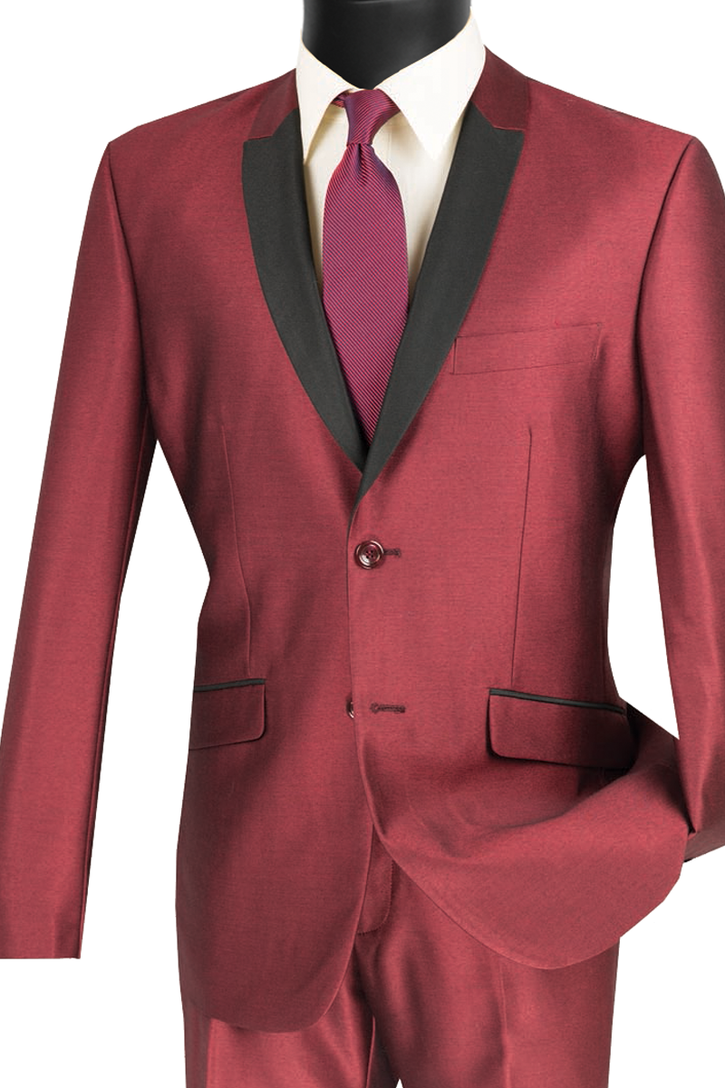 The mannequin displays a striking Vinci Suits Slim Fit Shiny Sharkskin 2 Piece Suit in maroon (S2PS-1), with a signature black shawl lapel, perfectly complemented by a matching maroon tie.