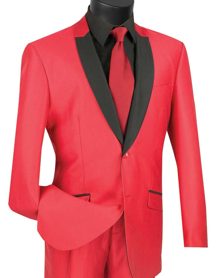 The Vinci Suits Slim Fit Shiny Sharkskin 2 Piece Suit (Red) S2PS-1 showcases elegant black lapels and buttons with a shawl lapel design, perfectly paired with a sleek black shirt and vibrant red tie.