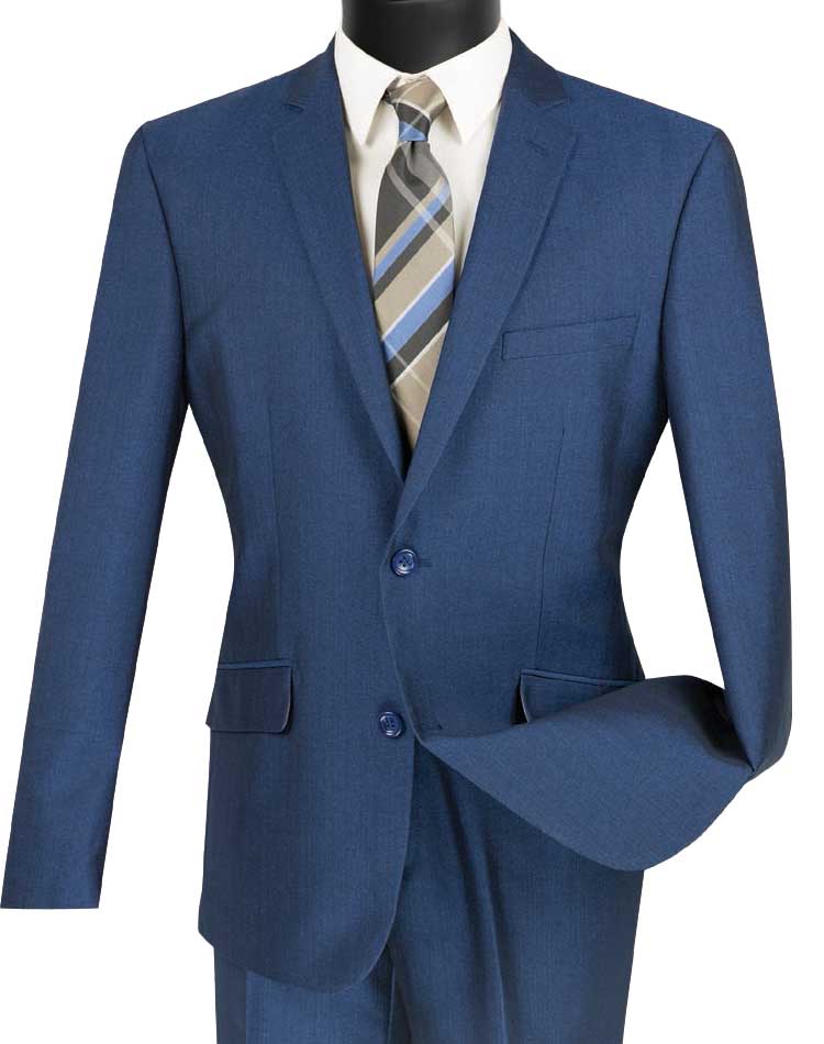 A mannequin displays a Vinci Suits Slim Fit 2-Piece Suit, Single Breasted with a 2-Button Design in Blue (S2RK-7), paired with a white shirt and striped tie against a plain background.