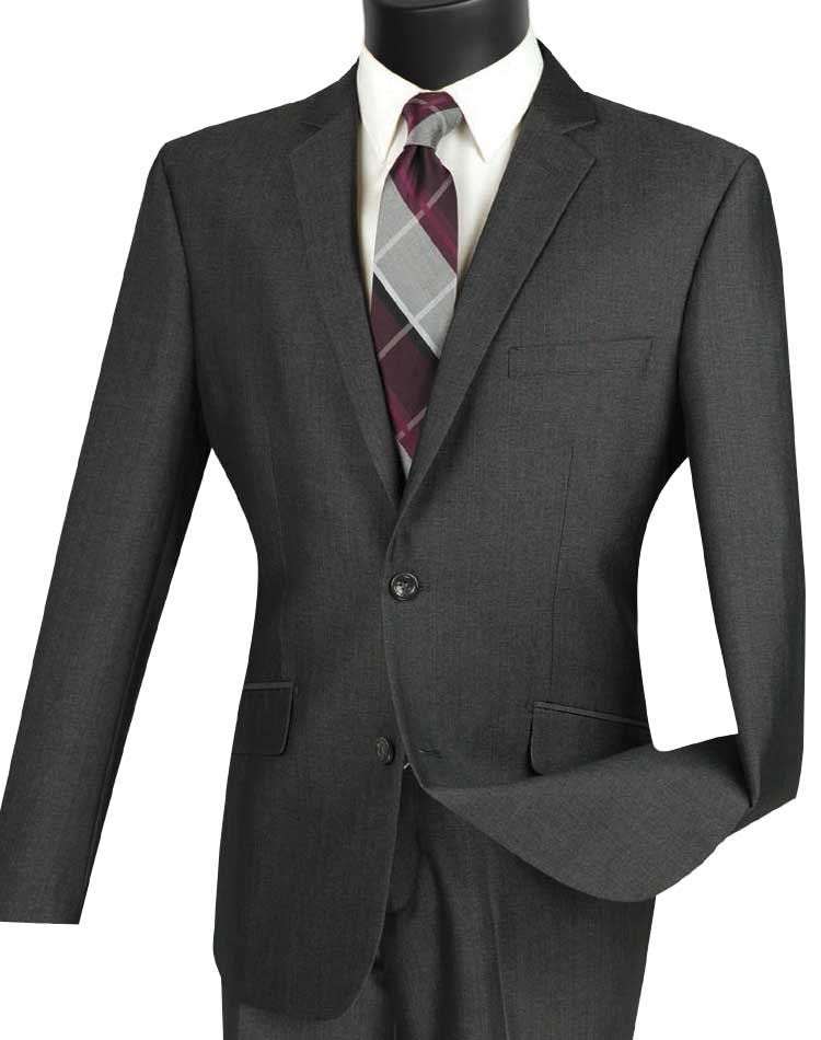 The Vinci Suits Slim Fit 2 Piece Suit in Smoke (S2RK-7) features a single-breasted, two-button design, ideal for pairing with a white dress shirt and a burgundy-gray plaid tie for a polished appearance.