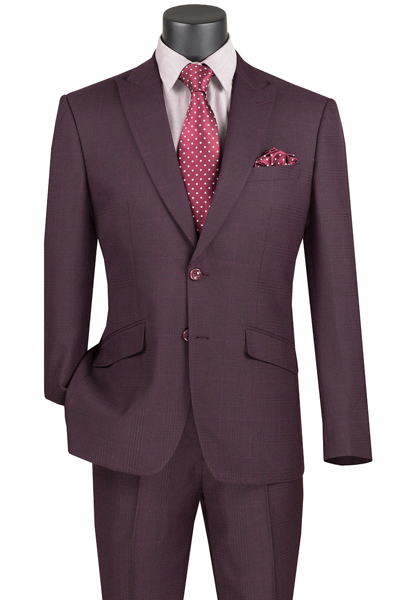 A mannequin displays the Vinci Suits' burgundy Slim Fit Suit with Peak Lapel and Stretch Armhole (S2RW-1), complemented by a white shirt, burgundy polka dot tie, and matching pocket square for added sophistication.