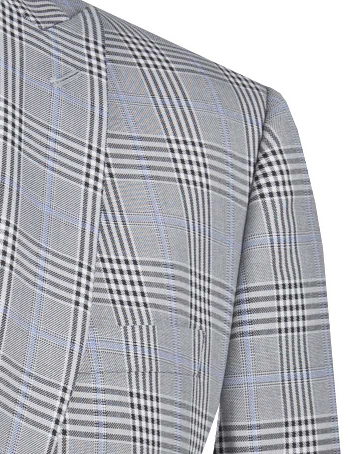 The gray Slim Fit Suit with Peak Lapel and Stretch Armhole (S2RW-1) by Vinci Suits, displayed on a mannequin, includes a white shirt and light blue tie. This stylish suit is wrinkle-resistant for added convenience.