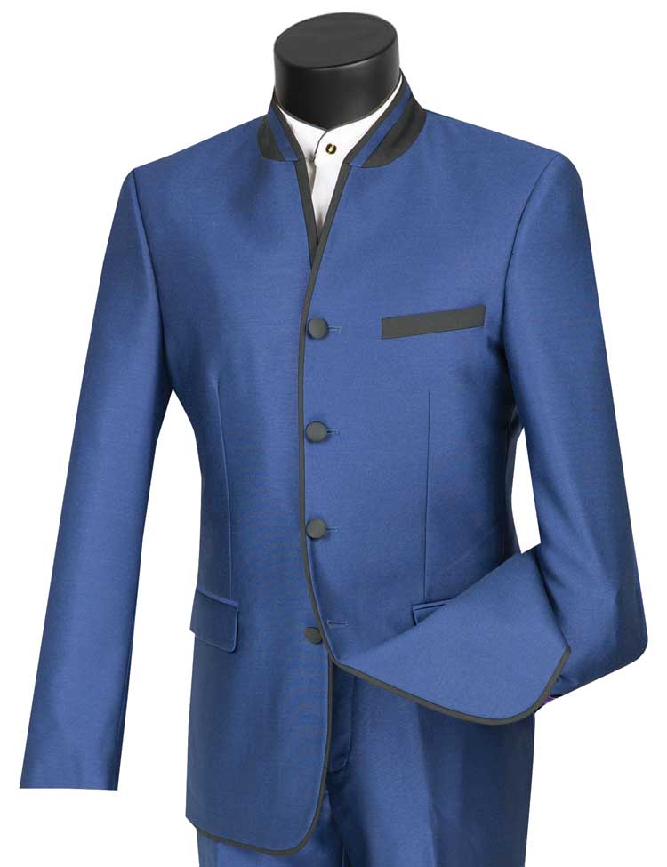 The mannequin features the Vinci Suits Slim Fit, Banded Collar Shiny Sharkskin Blue 2 Piece Suit (S4HT-1) in an Indian-style bandhgala, with black piping and buttons, a banded mandarin collar, and a single chest pocket.