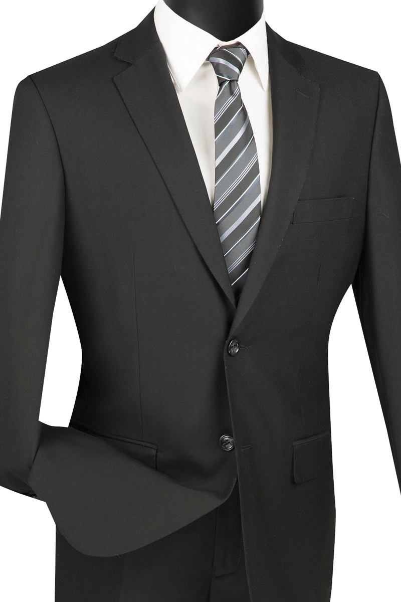 Vinci Suits Slim Fit 2 Piece 2 Button Suit (Black) SC900-12, featuring a notch-lapel jacket, white dress shirt, and gray striped tie on a black mannequin torso. This sleek, wrinkle-resistant suit ensures you stay sharp and polished all day.