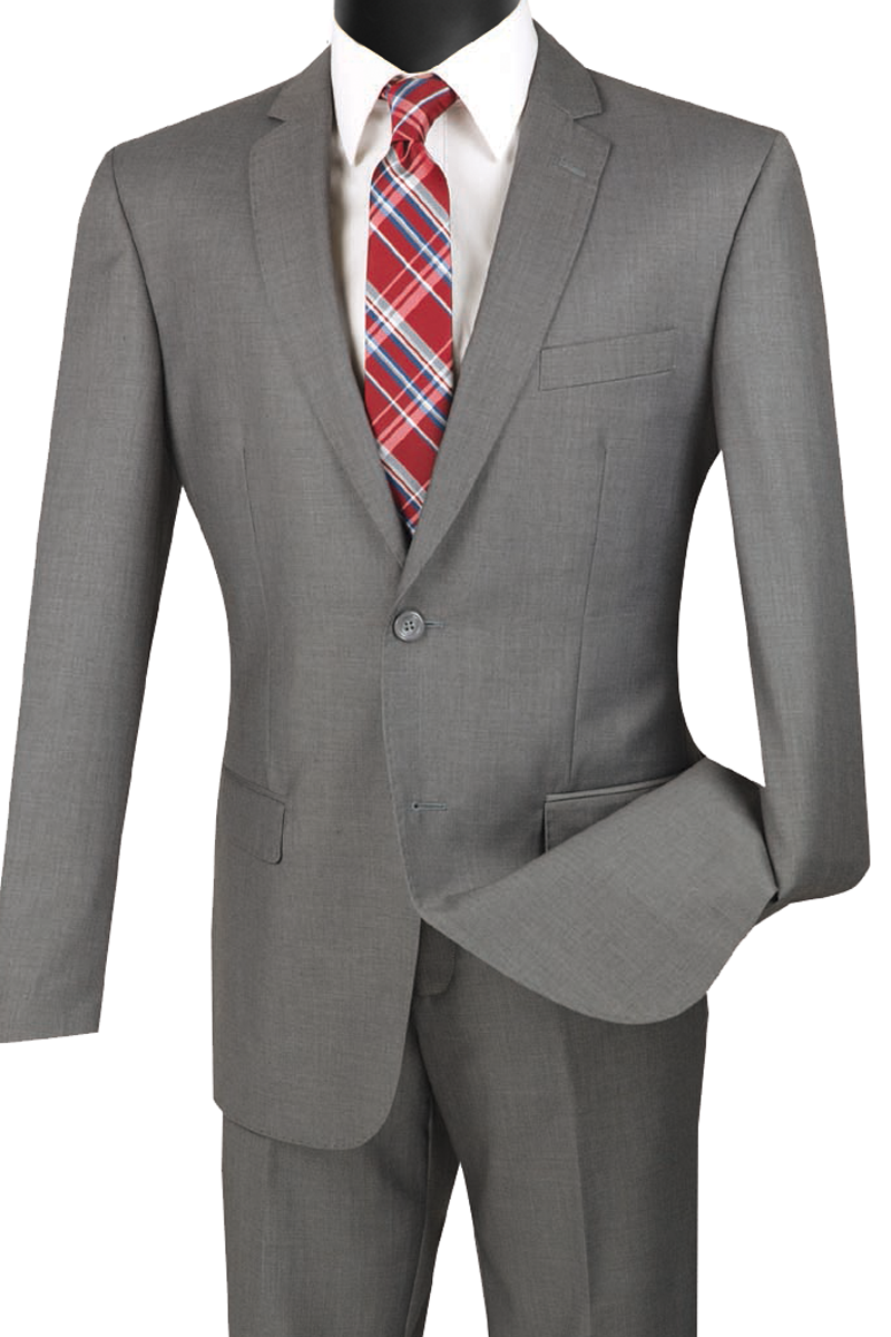 Displayed on the mannequin is a Vinci Suits Slim Fit 2 Piece 2 Button Suit (Medium Gray) SC900-12, paired with a crisp white shirt and a striking red plaid tie.
