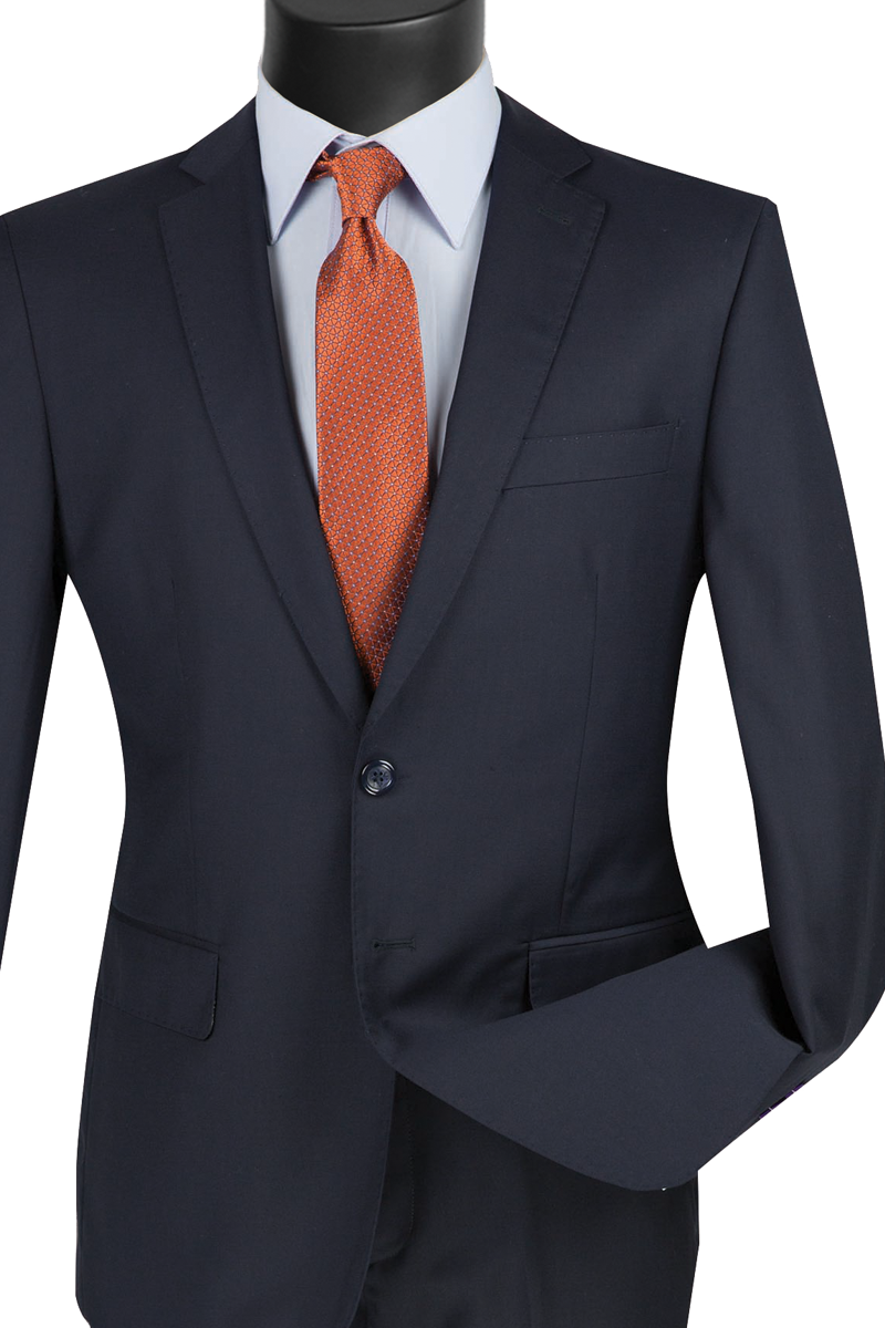 The mannequin, against a crisp white backdrop, is elegantly dressed in the Vinci Suits' Slim Fit 2 Piece 2 Button Suit (Navy) SC900-12, complemented by a light blue shirt and an orange tie.