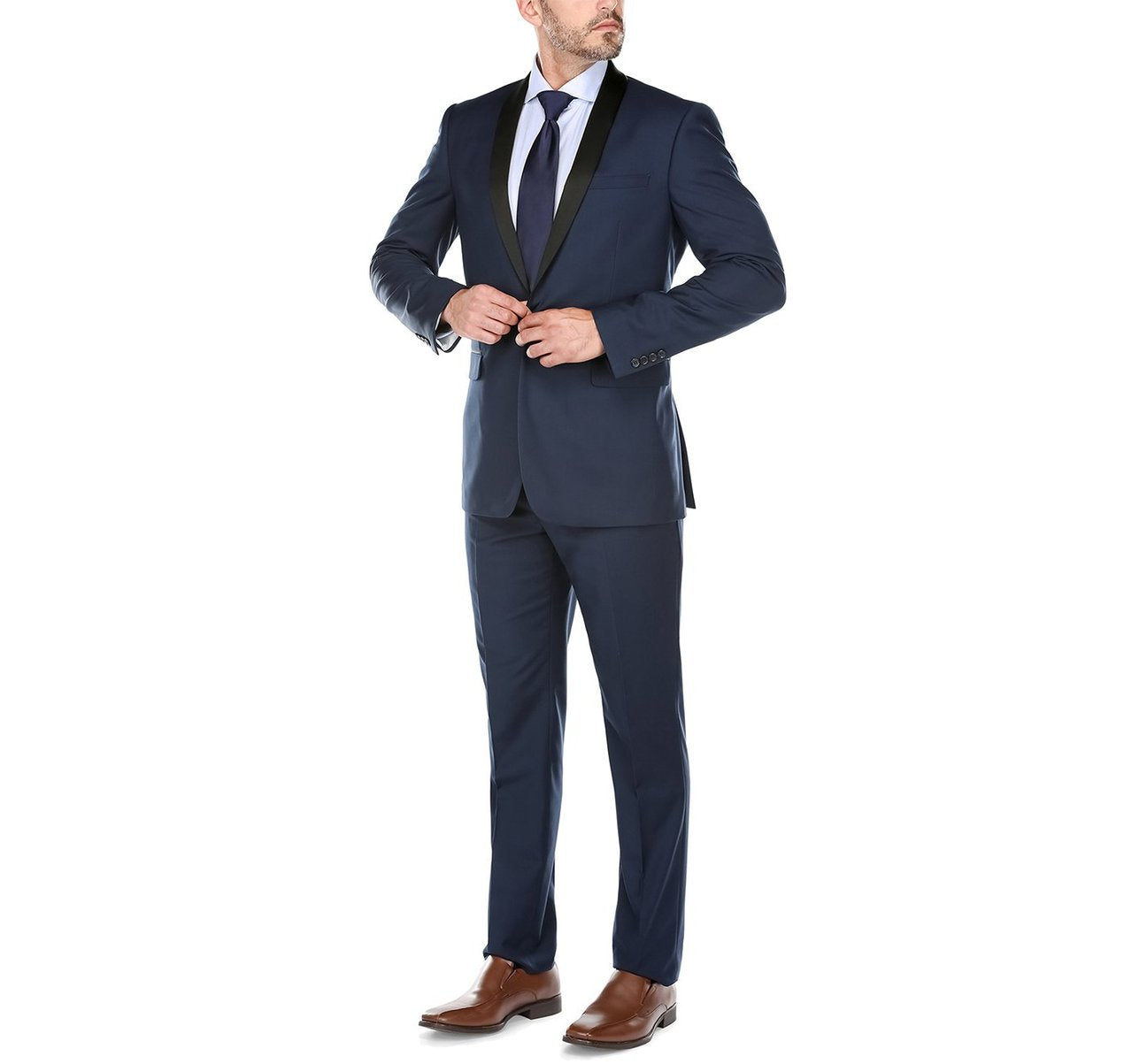 The Alessandro Vitello by Renoir 2-Piece Slim Fit Shawl Lapel Tuxedo Suit 201-19 showcases a sophisticated navy blue slim fit design with sleek black shawl lapels, encompassing a single-breasted jacket and matching trousers, all elegantly presented against a pristine white background.