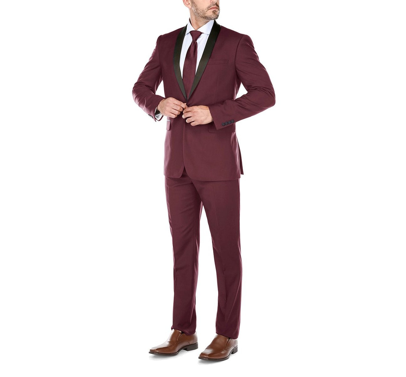 The Alessandro Vitello by Renoir 2-Piece Slim Fit Shawl Lapel Tuxedo Suit 201-8 showcases an elegant burgundy dinner jacket with black lapels, crafted in a polyester viscose blend. This slim fit design includes a single-button jacket and matching trousers, beautifully displayed flat on a white background.