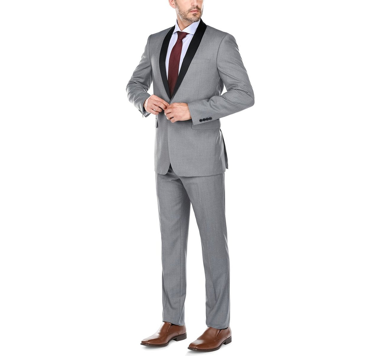 The Alessandro Vitello by Renoir 202-2 is a 2-piece slim fit tuxedo suit featuring a gray color with a black shawl lapel, crafted from a polyester blend. It includes a single-button jacket and matching trousers, displayed on a white background.