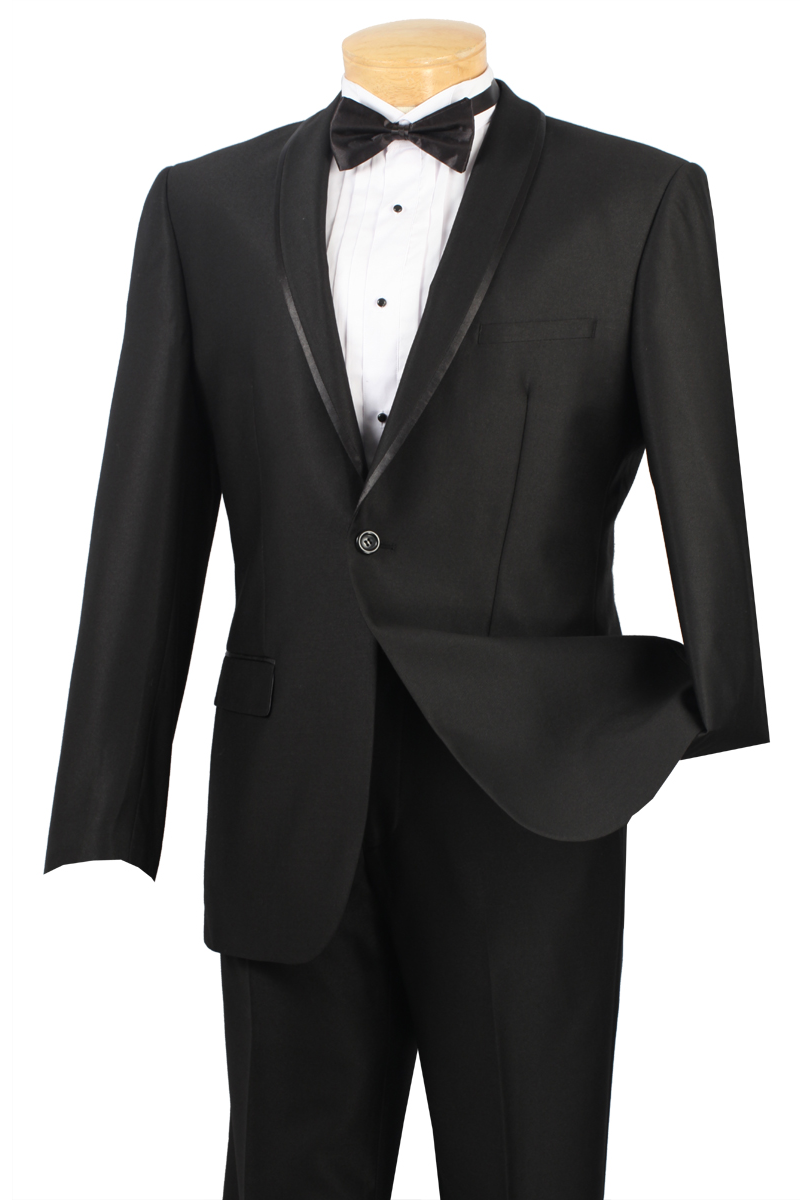 The Vinci Suits Slim Fit 2 Piece Tuxedo SSH-1, featuring a sophisticated black shawl lapel jacket, pairs elegantly with a crisp white dress shirt and classic black bow tie, beautifully displayed on a mannequin.