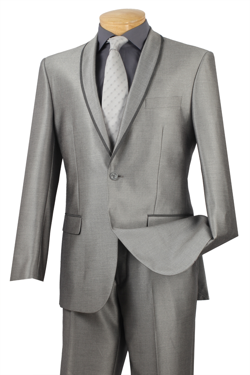 Vinci Suits' Slim Fit 2 Piece Tuxedo Shawl Lapel (Gray) SSH-1 pairs a silver-gray suit with a one-button jacket and matching trousers, styled with a gray dress shirt and light gray patterned tie.
