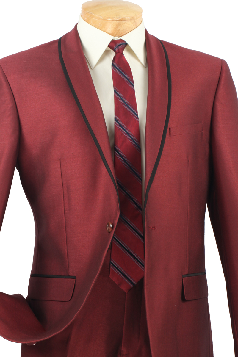 A mannequin dons the Slim Fit 2 Piece Tuxedo Shawl Lapel in maroon from Vinci Suits, paired with a red striped tie and black trim, highlighting its suaveness.
