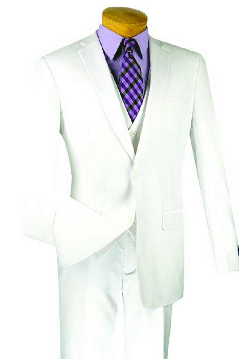A mannequin stylishly showcases the Vinci Suits Slim Fit 3 Piece 2 Button Suit (White) SV2900, paired seamlessly with a lavender shirt and purple checkered tie.