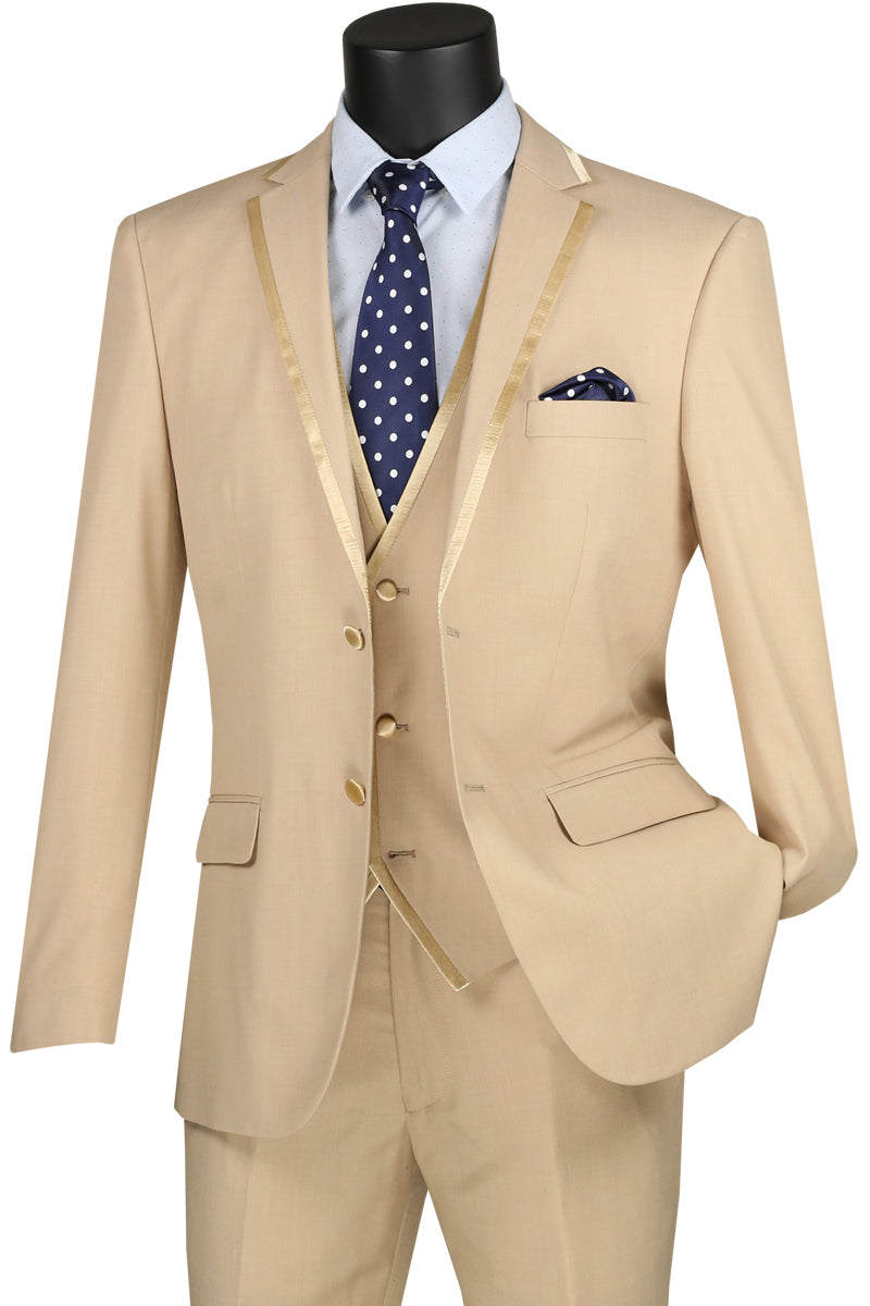 Wear the Vinci Suits Slim Fit 2 Button 3 Piece Suit (Beige) SV2T-8, complemented by a light blue shirt and navy polka dot tie. Its wrinkle-resistant fabric maintains a sharp look all day. Slip your left hand in the pocket for an effortlessly cool style.