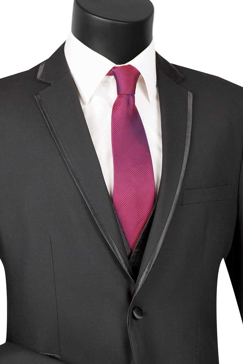 The mannequin flaunts a Vinci Suits' Slim Fit 2 Button 3 Piece Black Suit (SV2T-8), paired with a crisp white shirt and maroon tie, highlighting its wrinkle-resistant elegance.